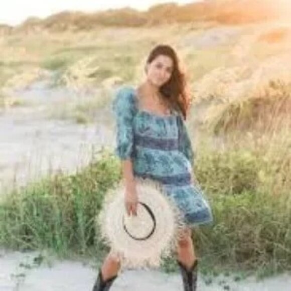 Victoria Dunn Sunflower Dress in Cornflower Green Blue Boho Medium Like New - Picture 2 of 11